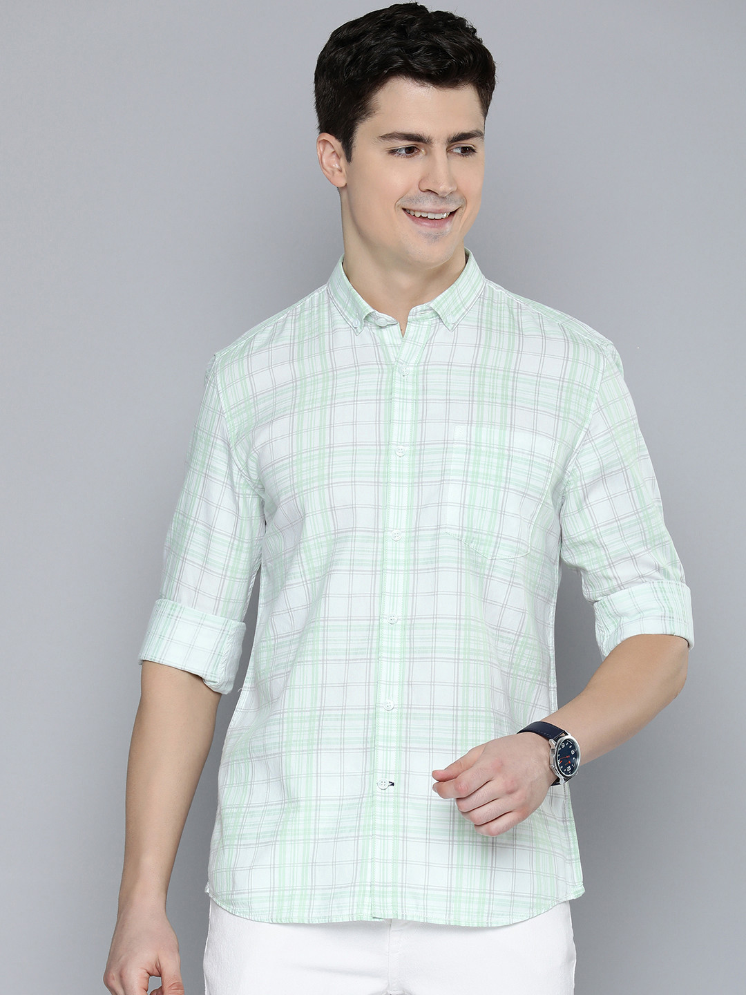 Mast & Harbour Men Green Standard Opaque Checked Casual Shirt