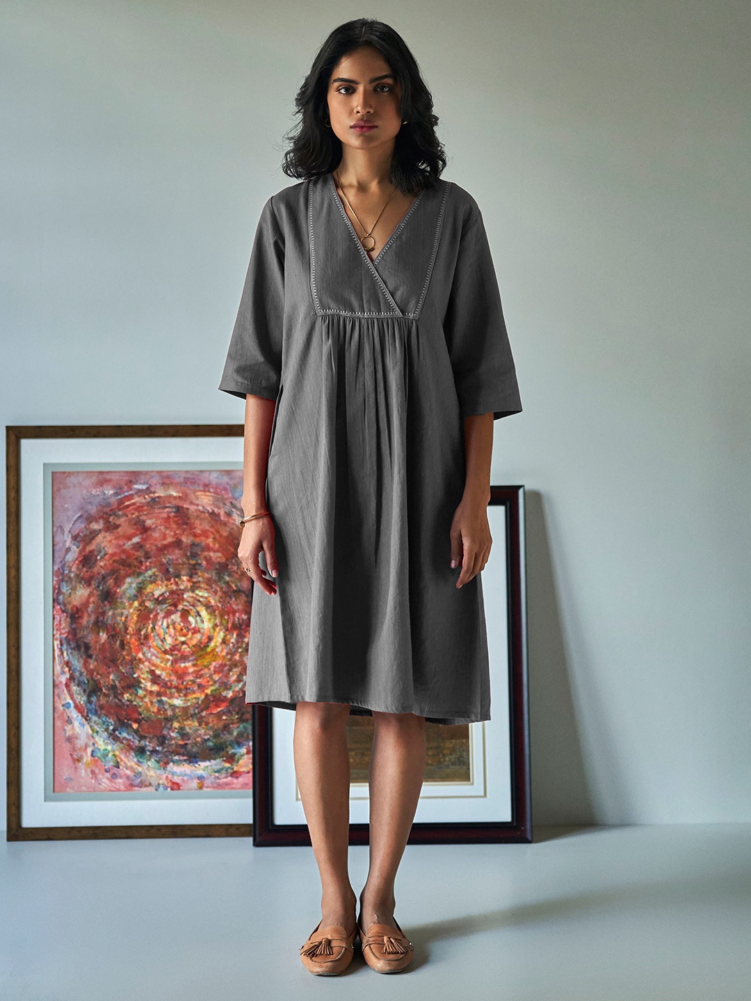 

Ganga V-Neck Cotton Midi A-Line Dress, Charcoal