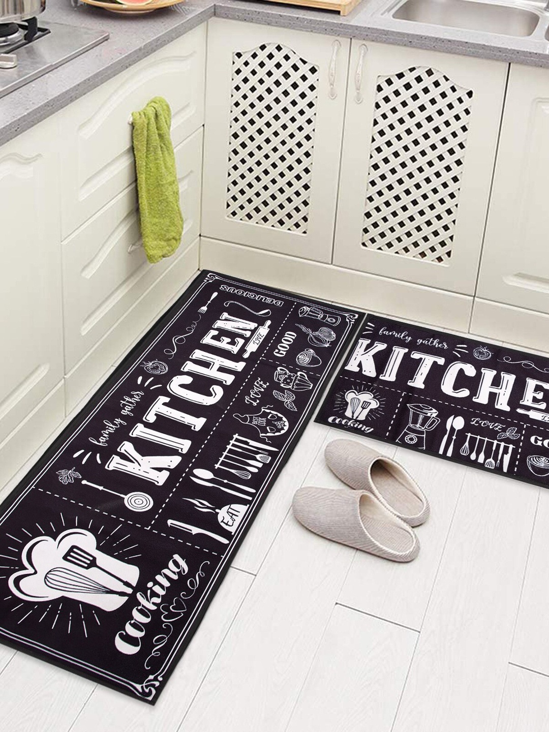 

AAZEEM Black & White 2 Pieces Typography Printed Anti-Skid Floor Mat & Runner