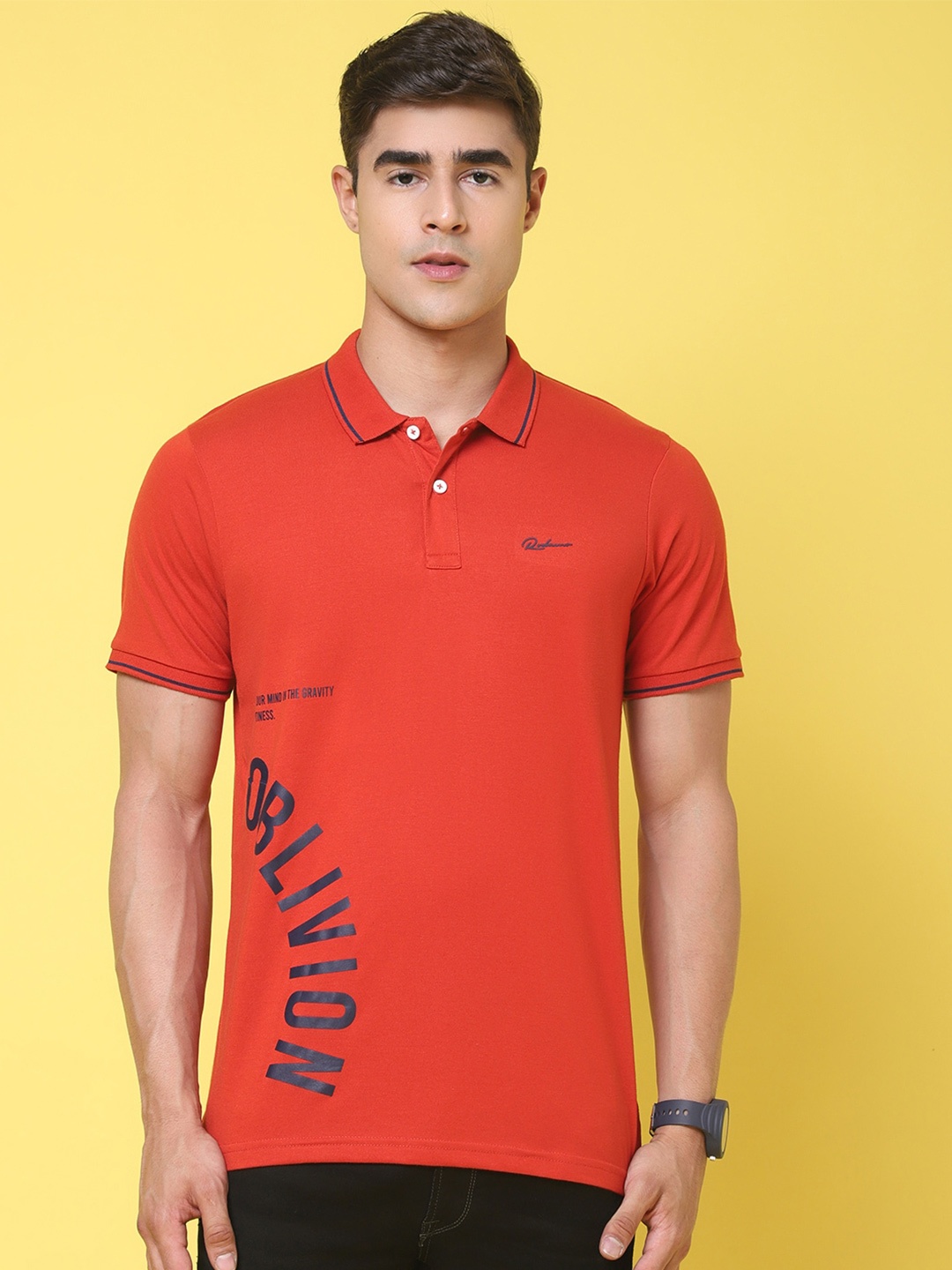 

Rodamo Typography Printed Polo Collar Cotton Slim Fit T-shirt, Orange