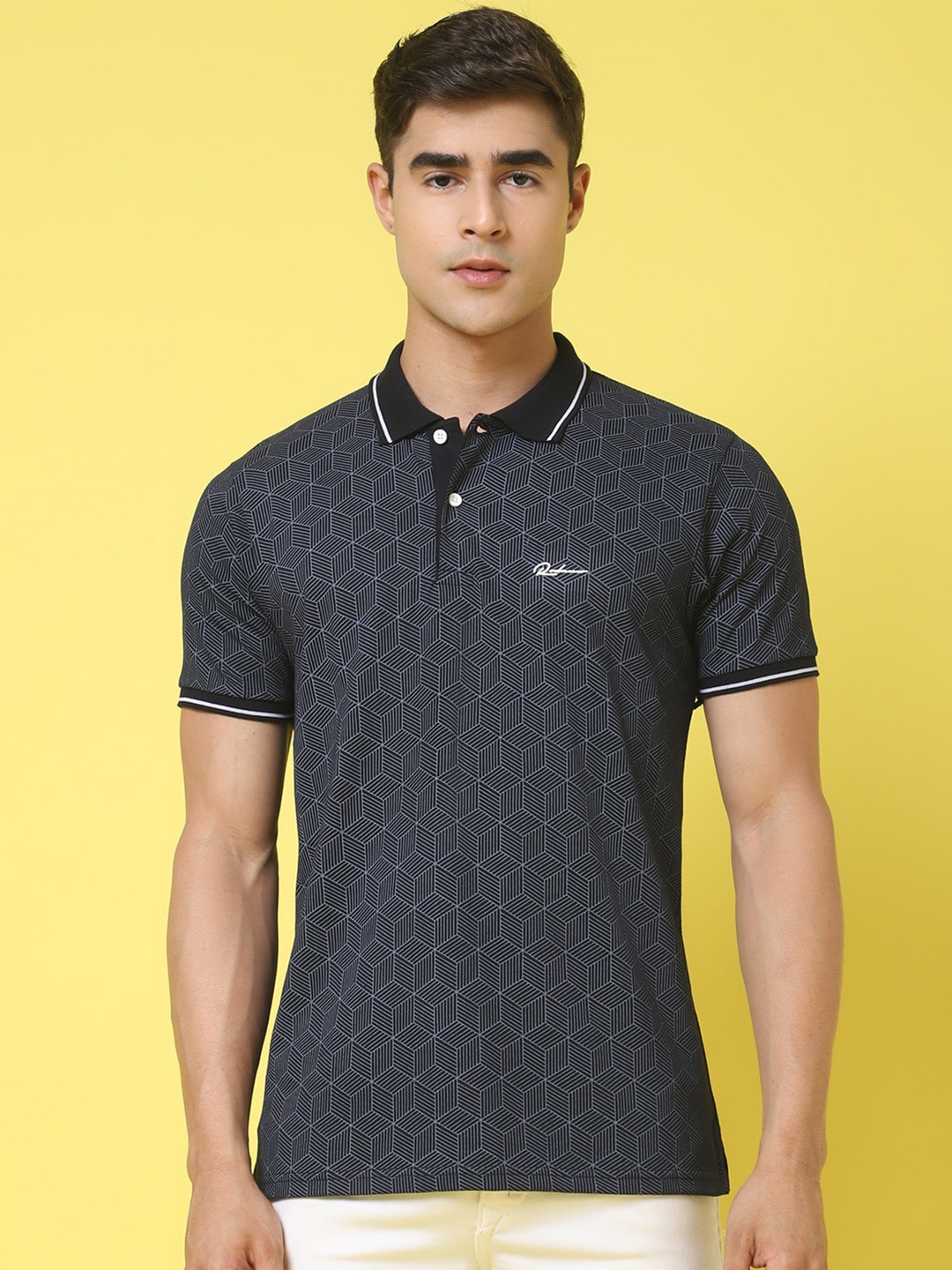 

Rodamo Geometric Printed Polo Collar Slim Fit T-shirt, Black