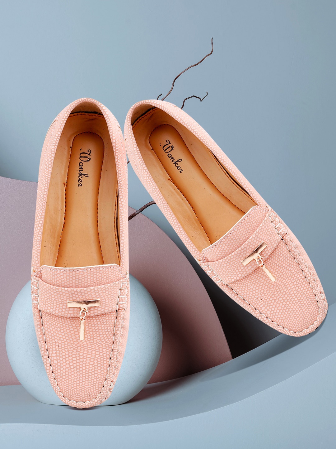 

mr.wonker Women Textured Embellished Massage Footbed Comfort Insole Penny Loafers, Peach