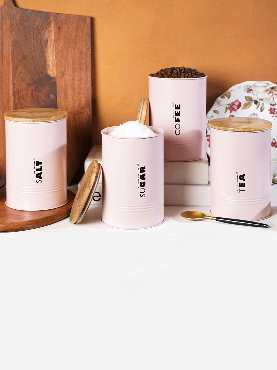 

THE ARTMENT Artisan Pink 4 Pieces Label Printed Airtight Metal Food Container Canisters