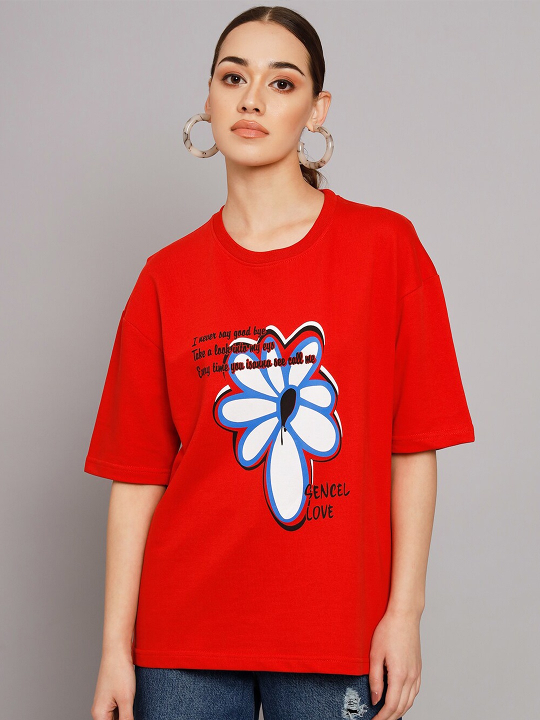 Obaan Graphic Printed Drop Shoulder Oversize Cotton T-shirt, Red