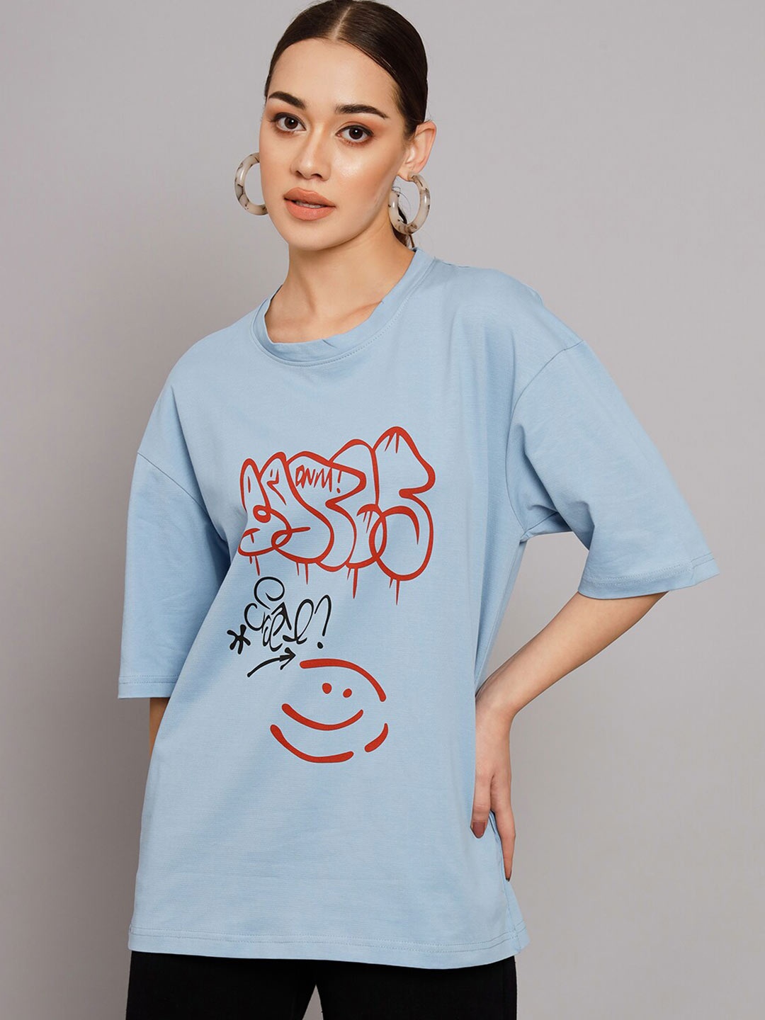 

Obaan Abstract Printed Drop Shoulder Oversize Cotton T-shirt, Blue