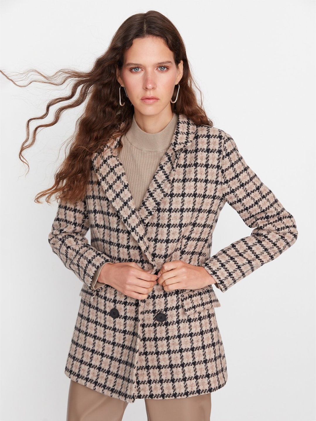 

Trendyol Checked Double-Breasted Cotton Formal Blazers, Brown