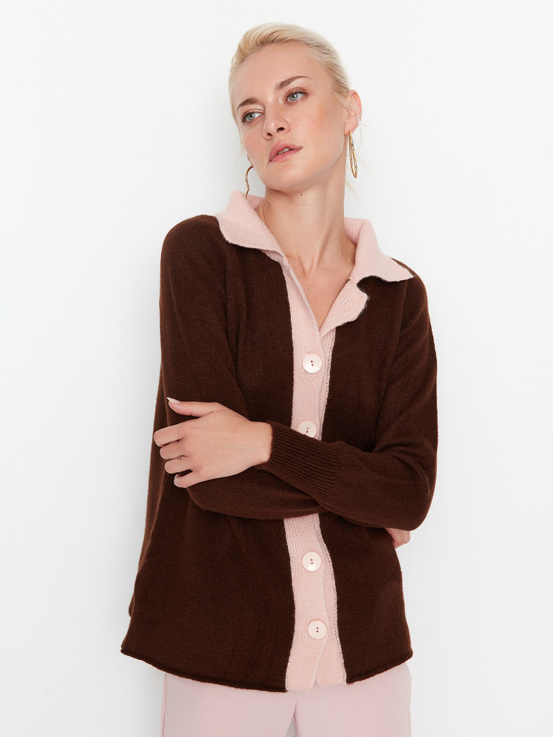 

Trendyol Colourblocked Cuffed Sleeves Knitted Shirt Style Top, Brown