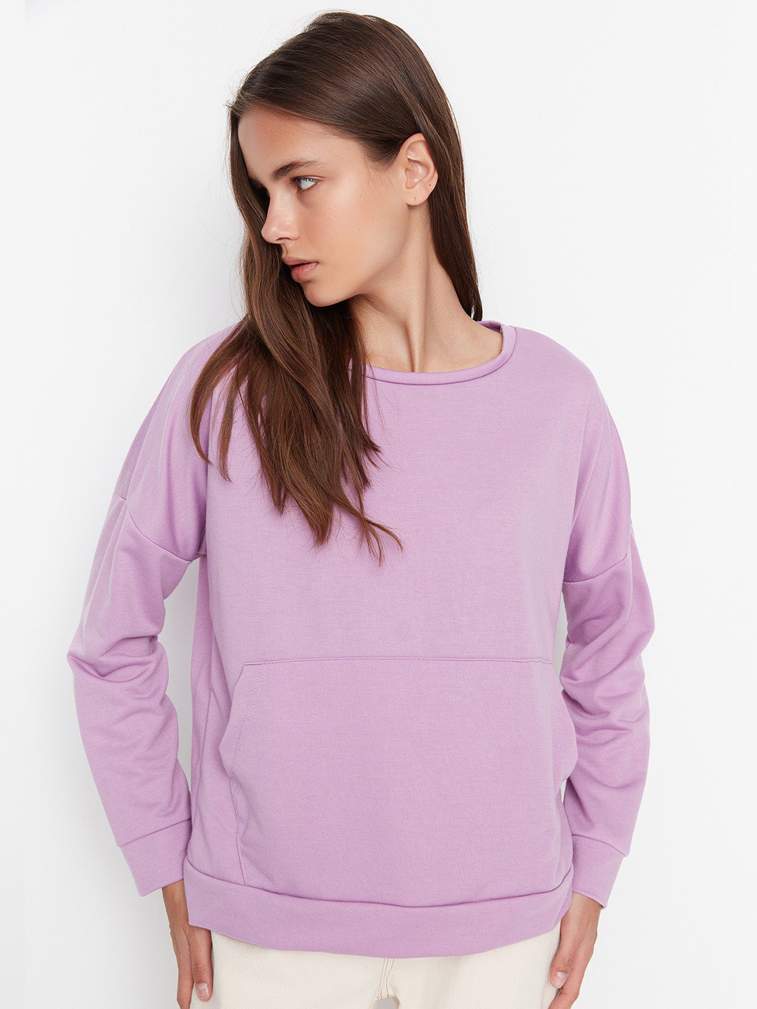 

Trendyol Round Neck Drop Shoulder Sleeves Pullover Sweatshirt, Purple