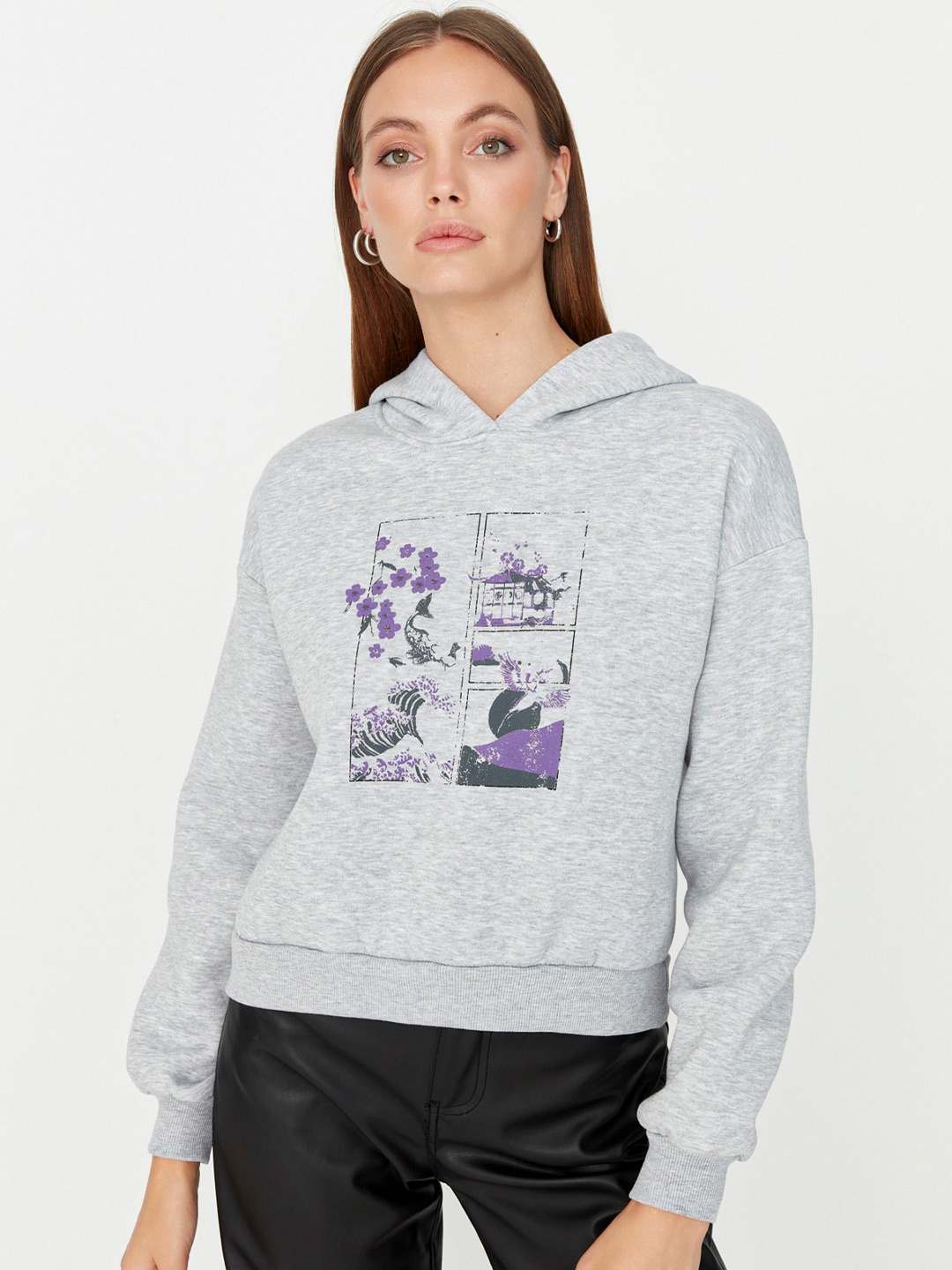 

Trendyol Graphic Printed Cuff Sleeves Hooded Cotton T-Shirt, Grey
