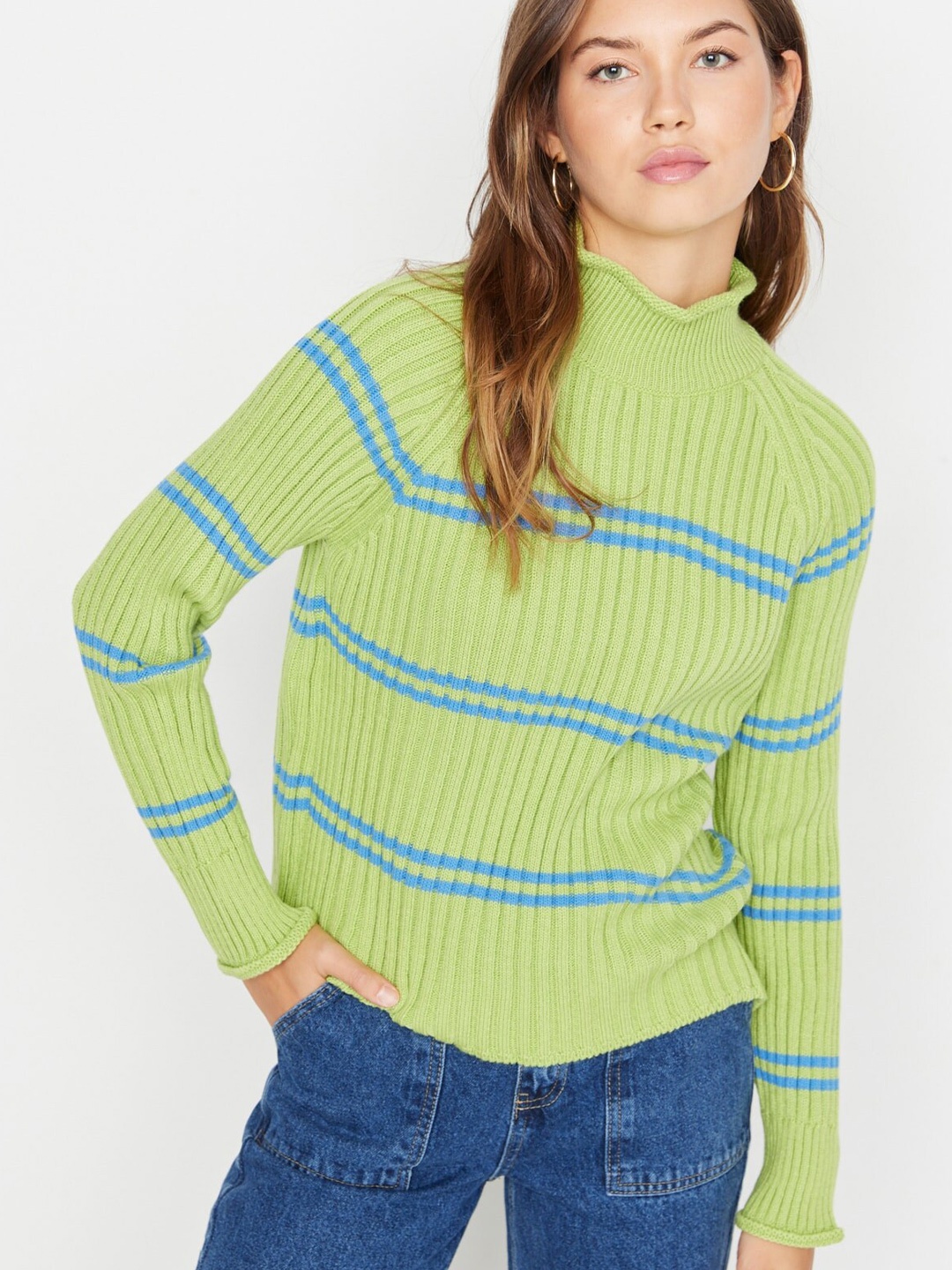 

Trendyol Striped High Neck Raglan Sleeves Sweater, Green
