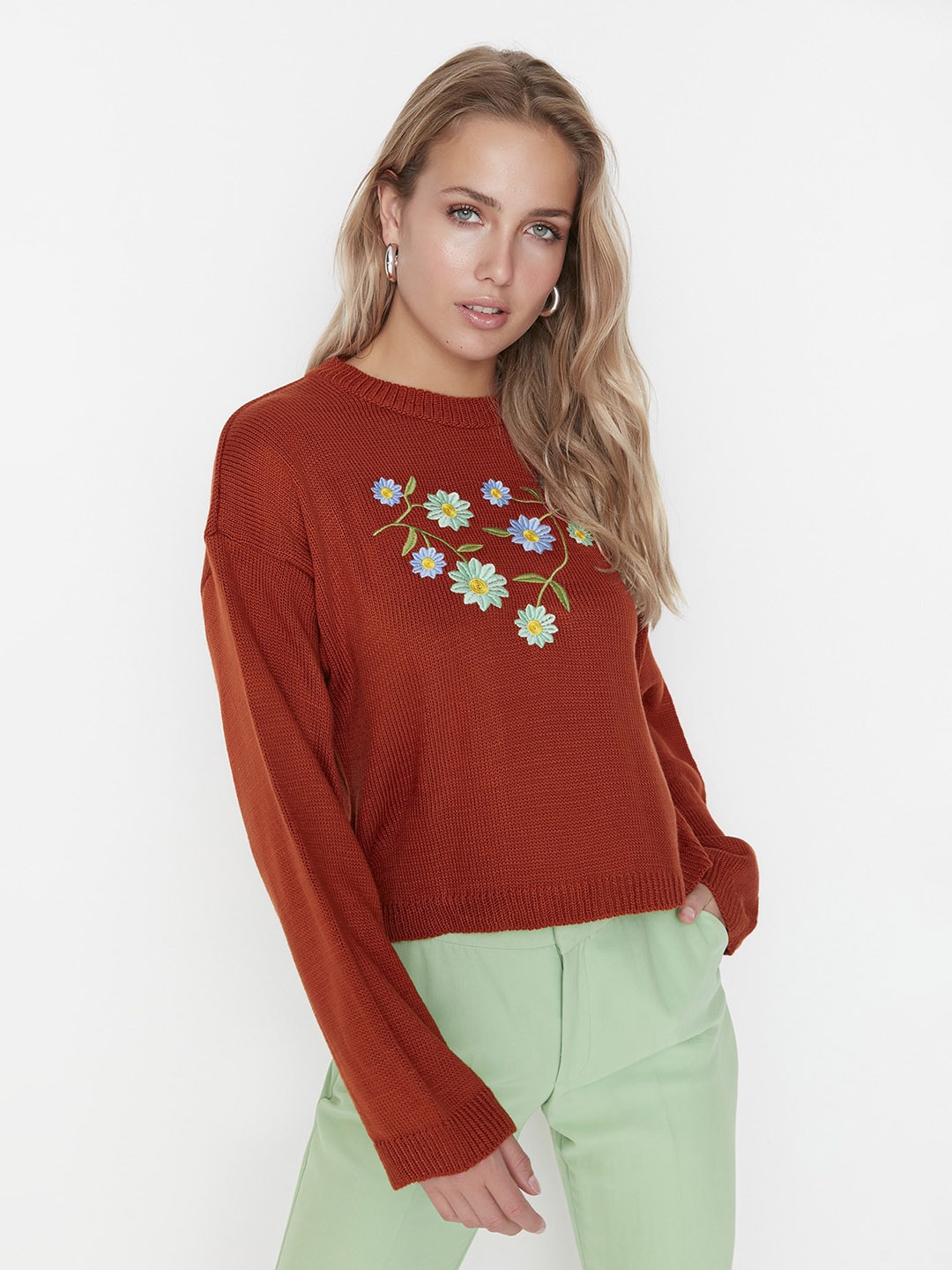 

Trendyol Floral Embroidered Acrylic Sweater, Maroon