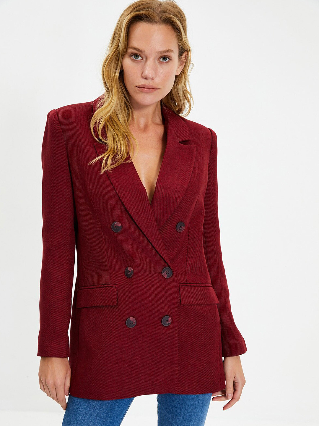 

Trendyol Self Design Regular Fit Single-Breasted Blazer, Maroon