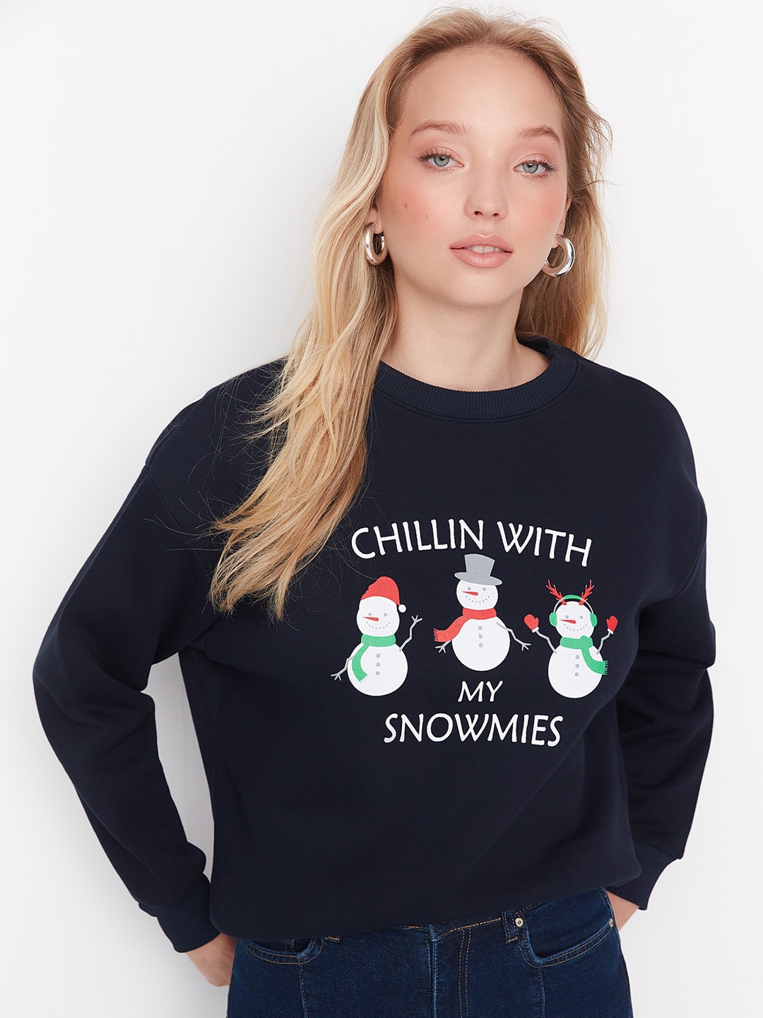 

Trendyol Typography Printed Round Neck Sweatshirt, Navy blue