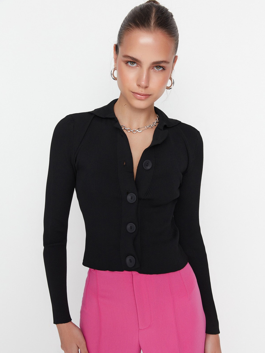 

Trendyol Self Design Long Sleeves Shirt Style Crop Top, Black