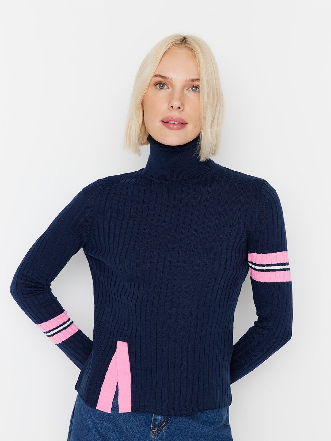 

Trendyol Colourblocked Turtle Neck Pullover Sweater, Navy blue