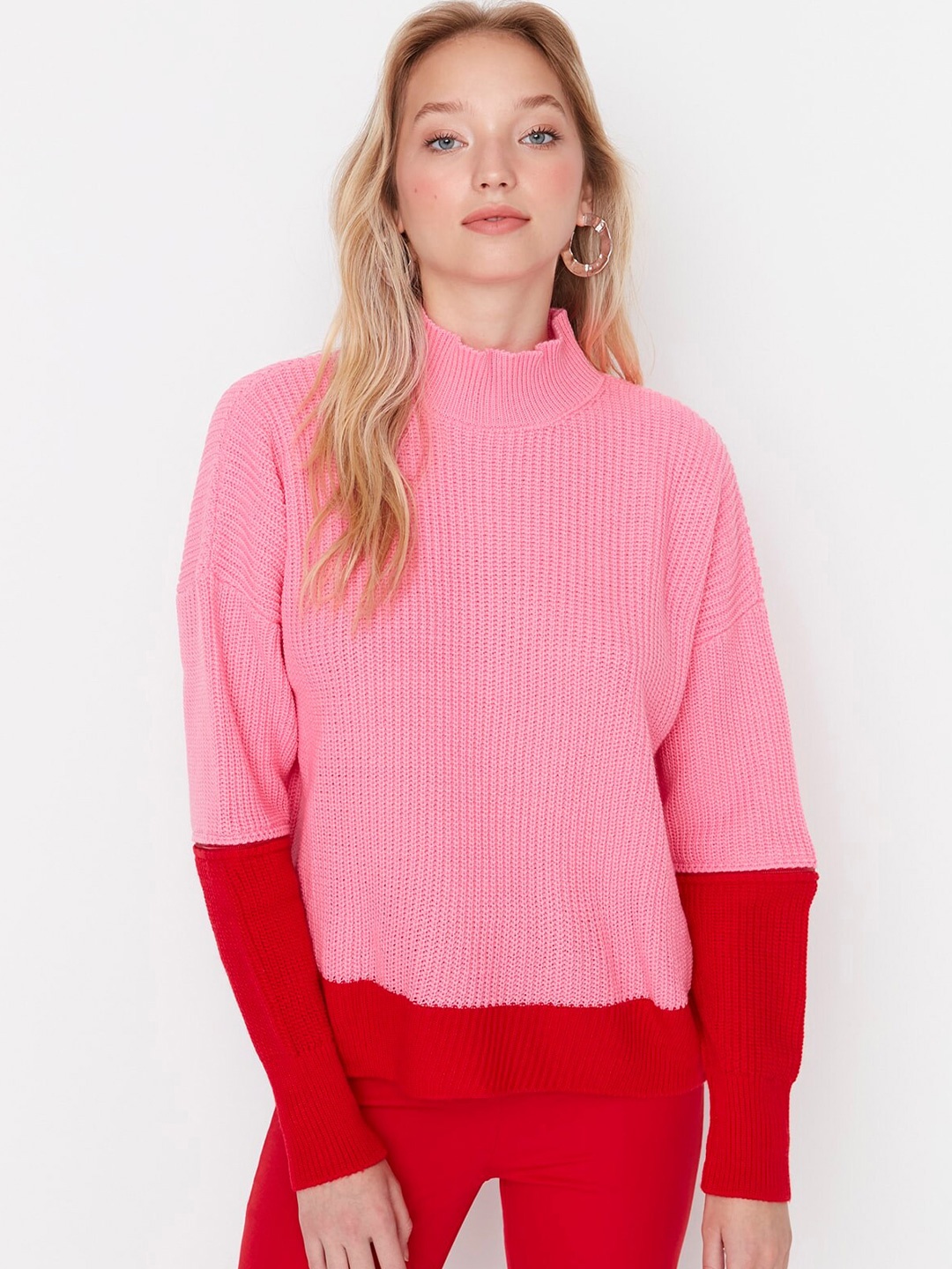 

Trendyol Colourblocked High Neck Long Sleeves Top, Pink