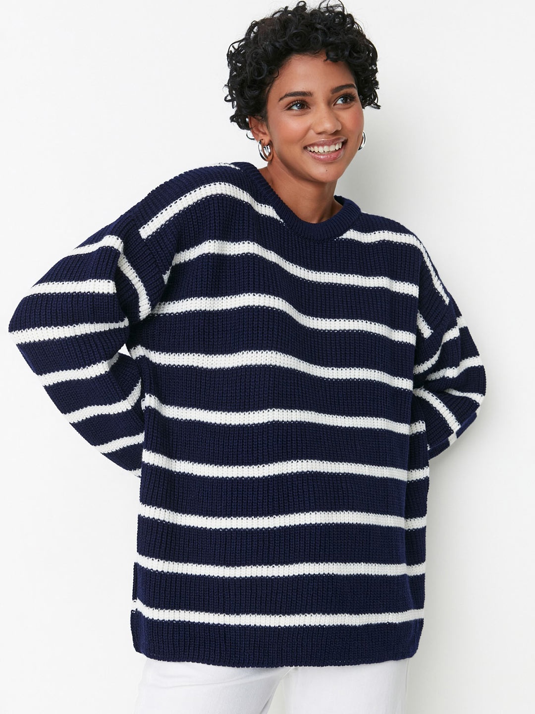 

Trendyol Striped Extended Sleeves Top, Navy blue