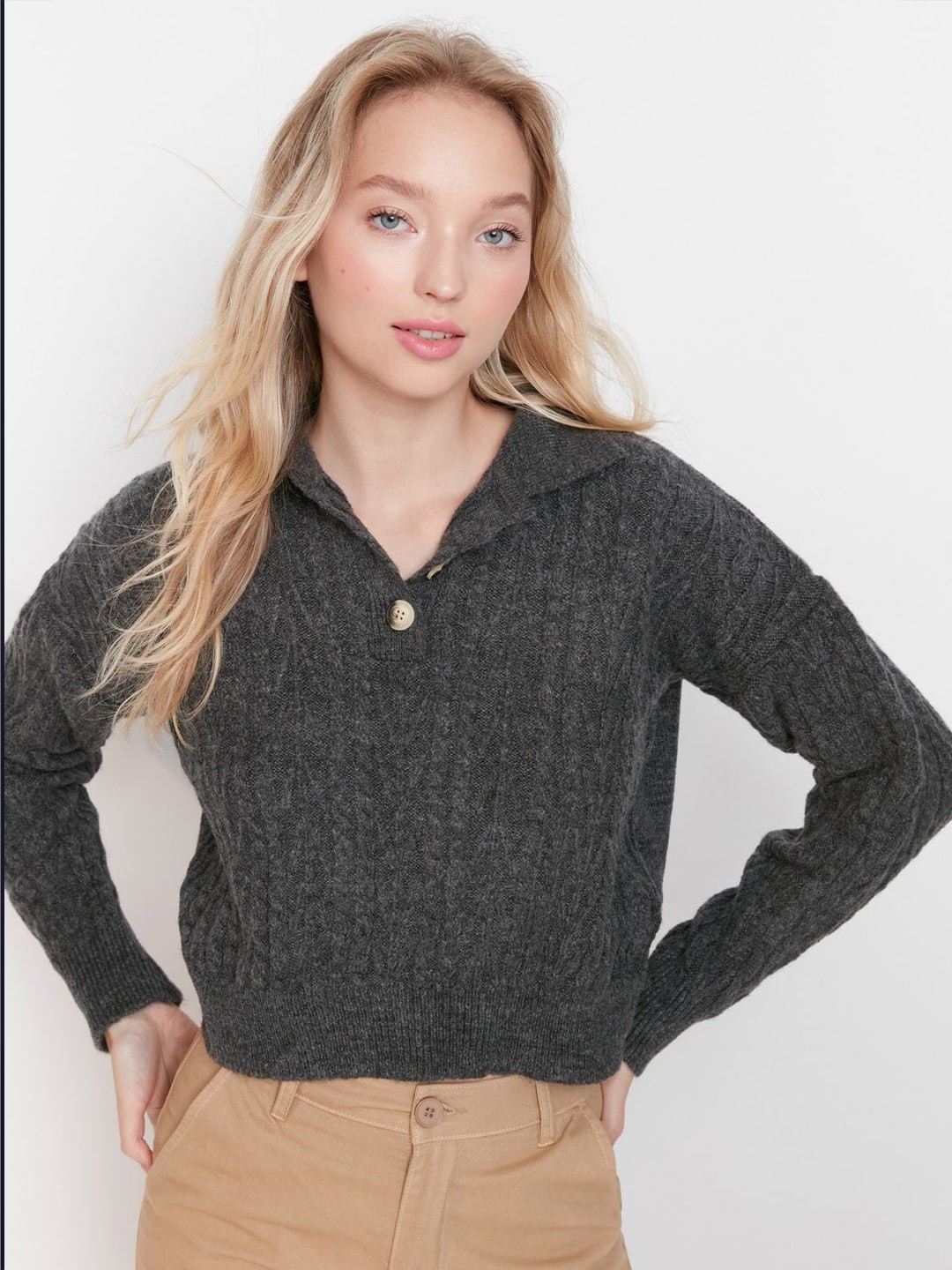 

Trendyol Solid Shirt Collar Long Sleeves Top, Grey