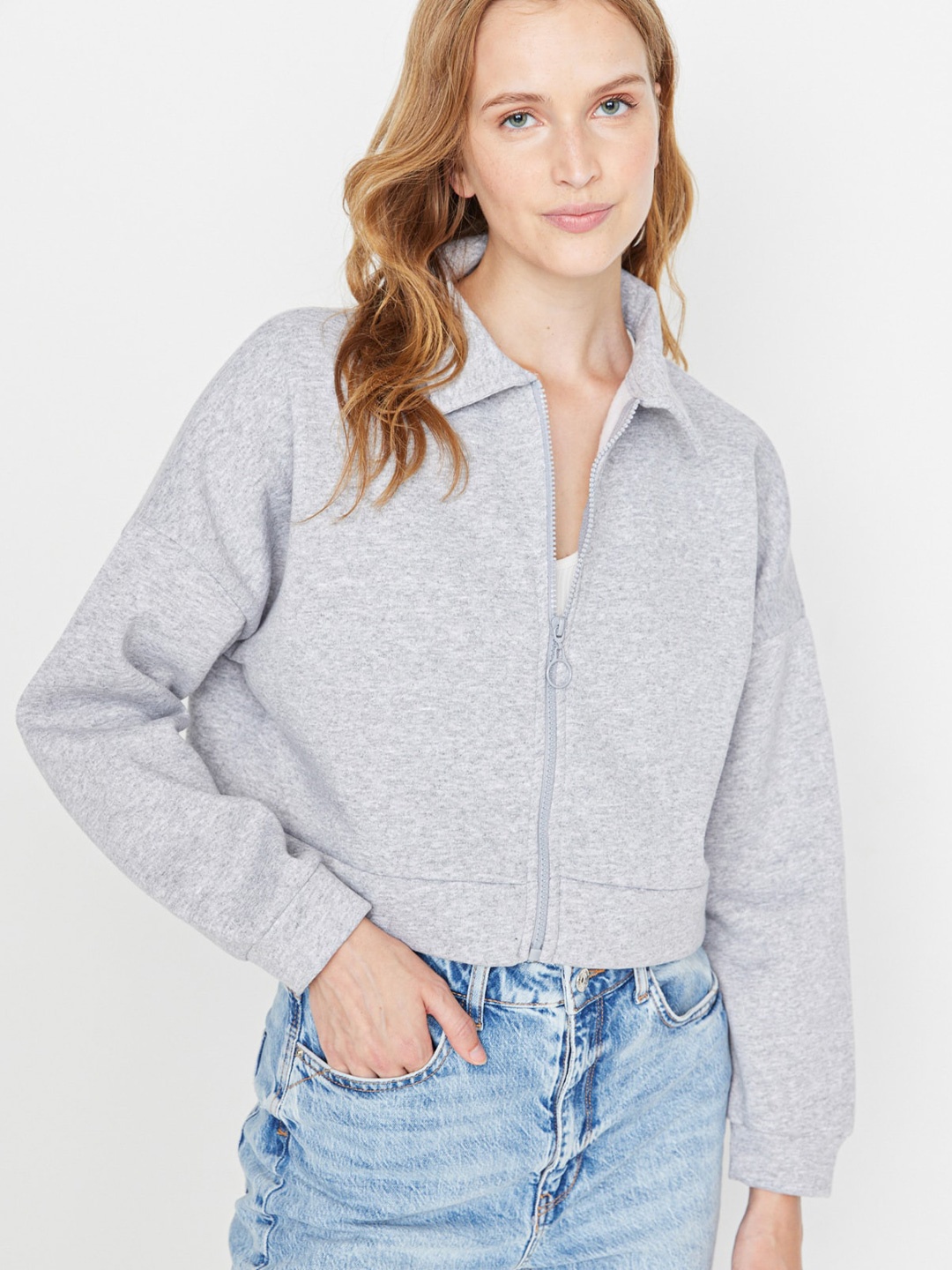 

Trendyol Shirt Collar Crop Sweatshirt, Grey melange