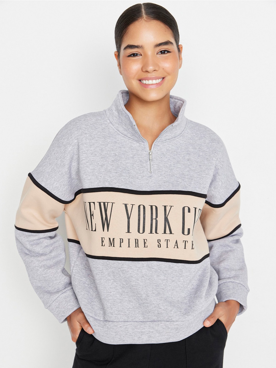 

Trendyol Typography Printed High Neck Cotton Sweatshirt, Grey