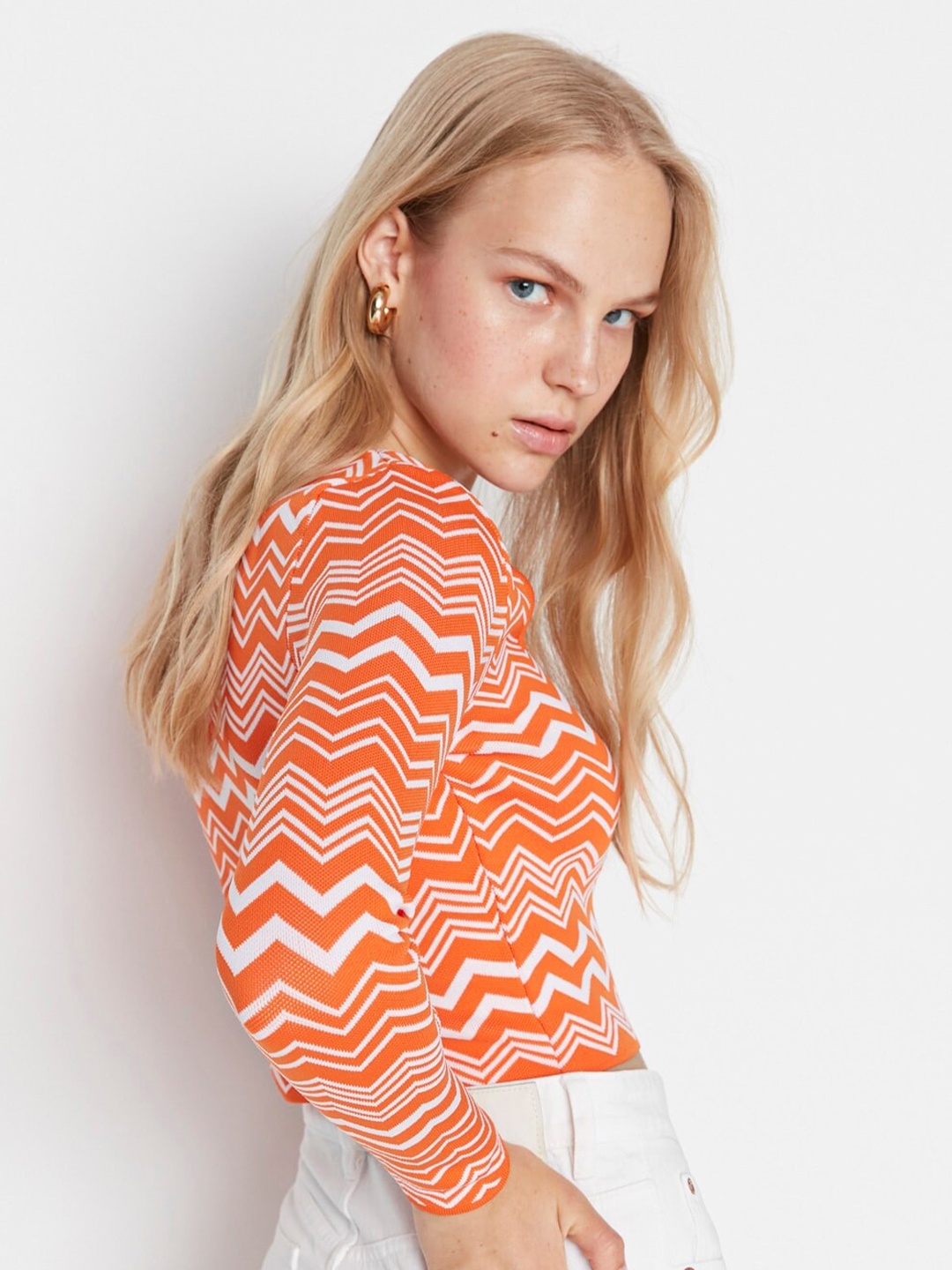 

Trendyol Geometric Print Long Sleeves Acrylic Top, Orange