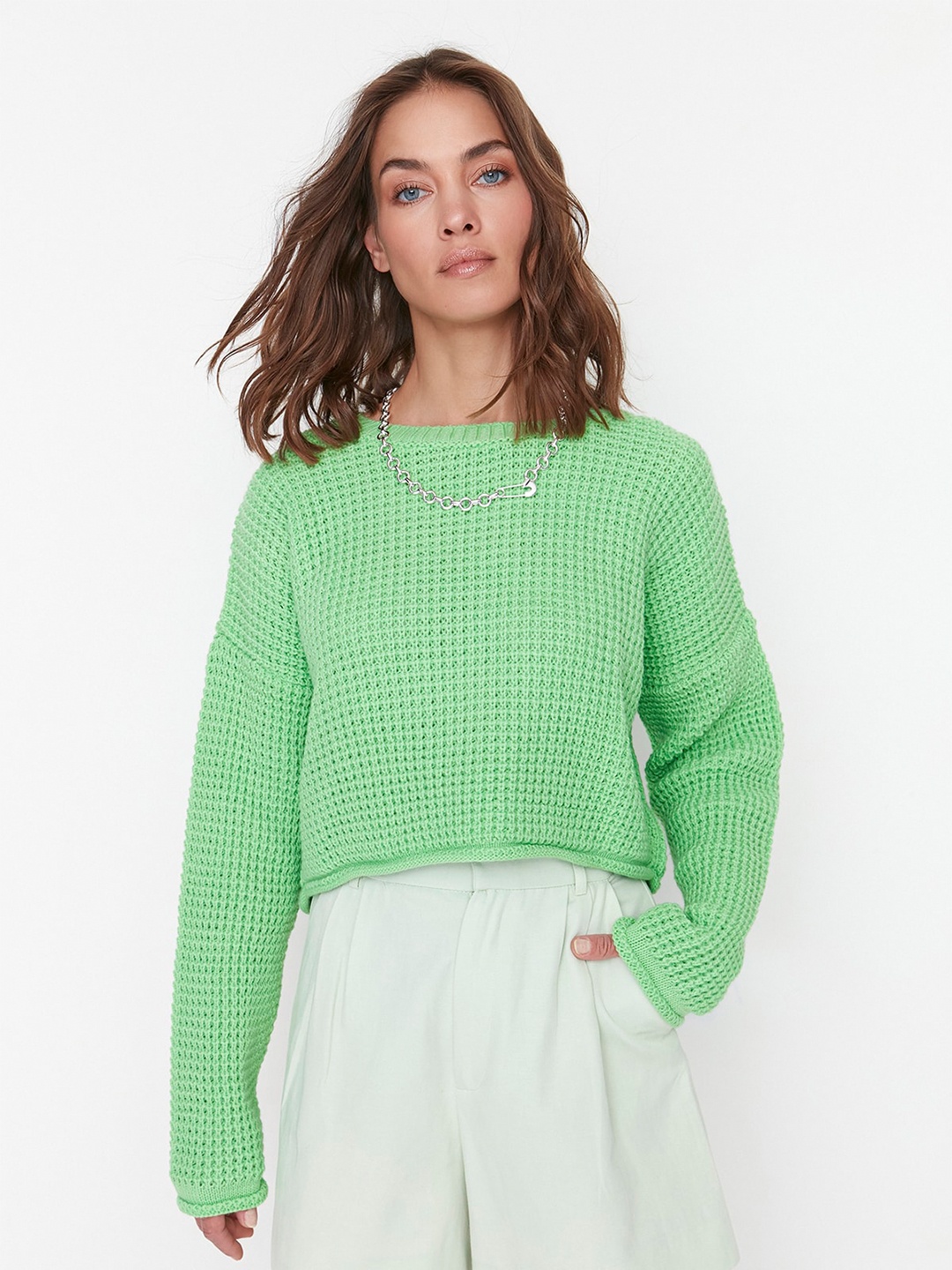 

Trendyol Self Design Acrylic Boat Neck Pullover, Green