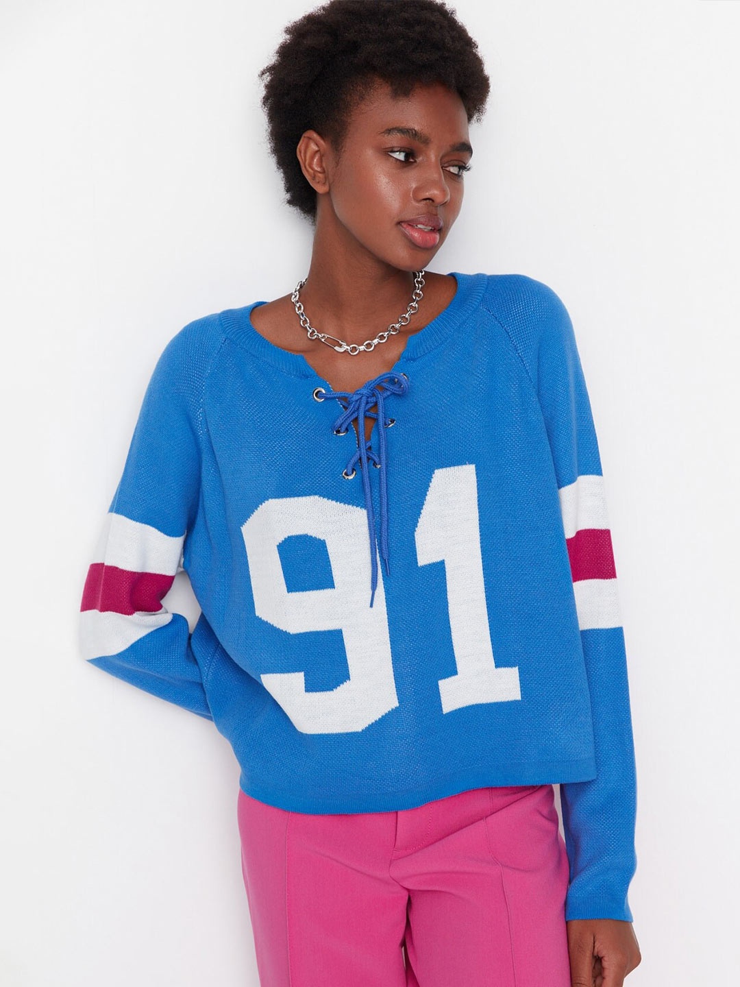 

Trendyol Printed Acrylic Regular Fit Long Sleeves T-shirt, Blue
