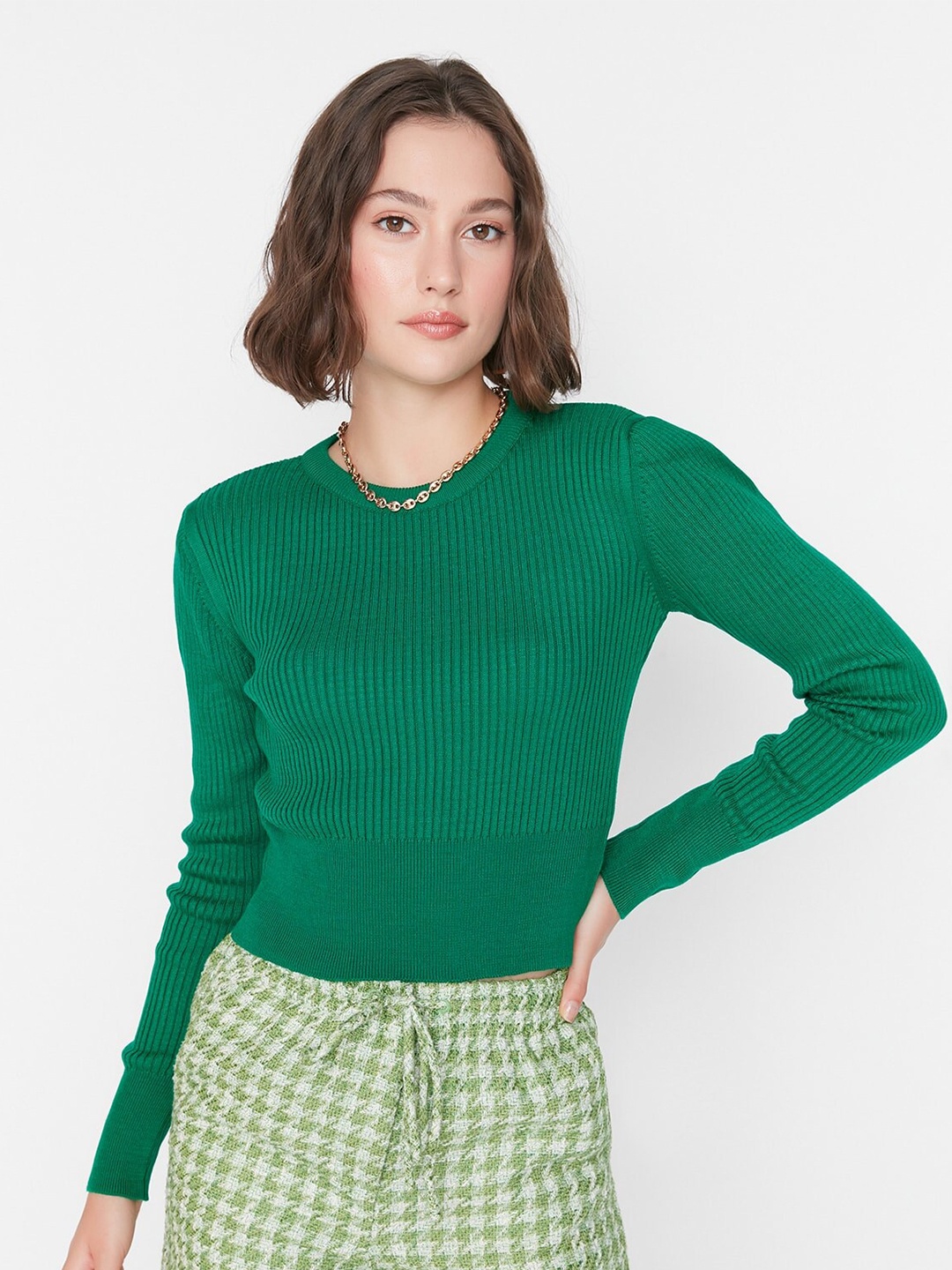 

Trendyol Round Neck Long Sleeves Acrylic Fitted Crop Top, Green