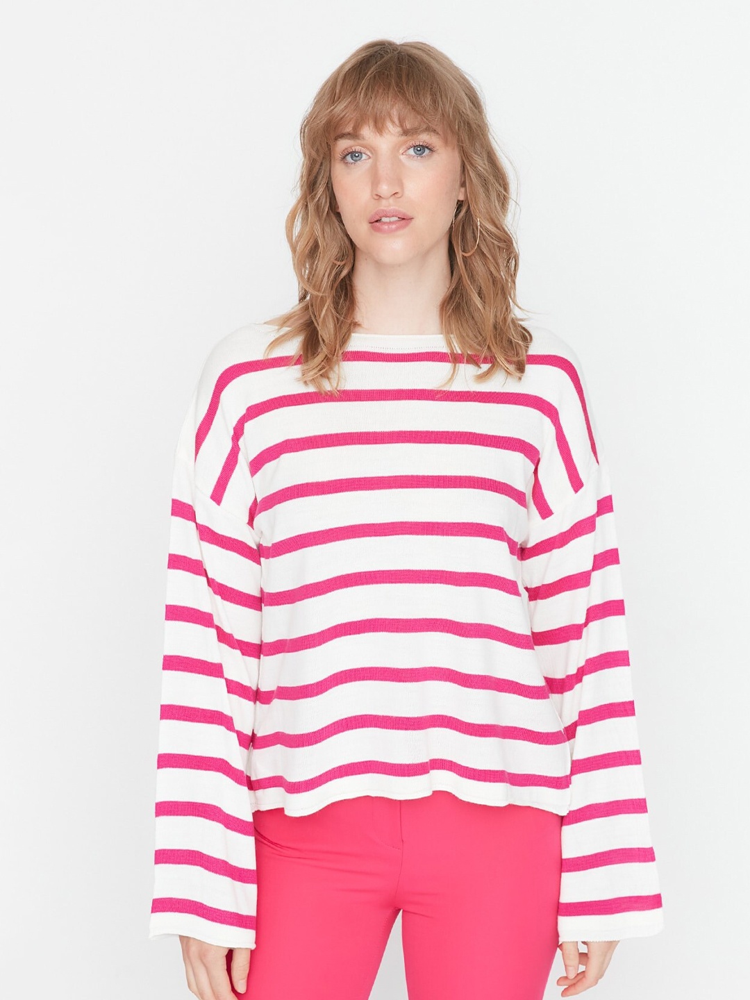 

Trendyol Striped Acrylic Boat Neck Long Sleeves T-shirt, White