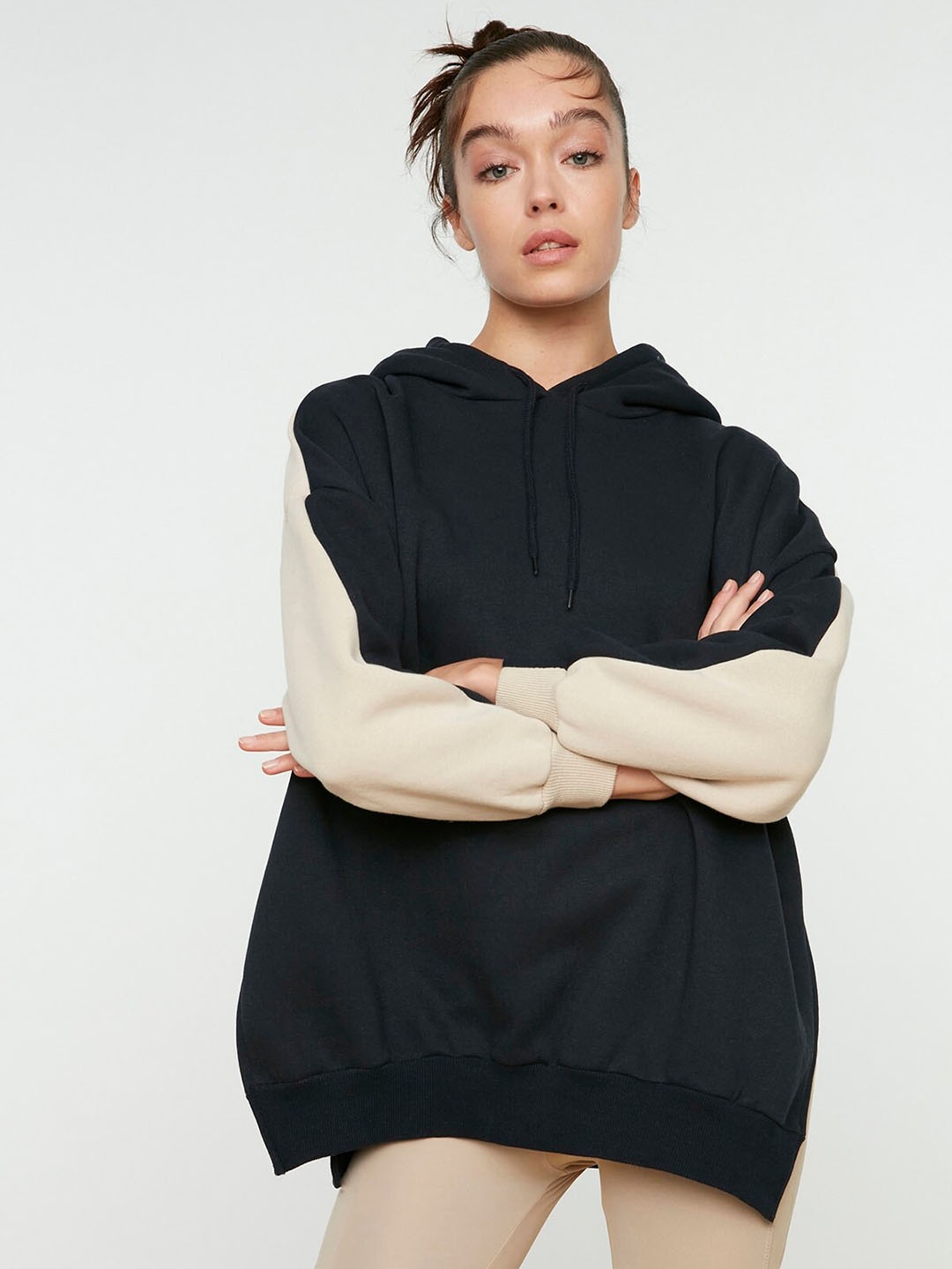 

Trendyol Colourblocked Hooded Longline Sweatshirt, Black