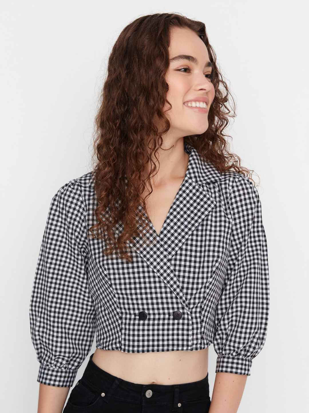 

Trendyol Black Checked Crop Shirt Style Top, White