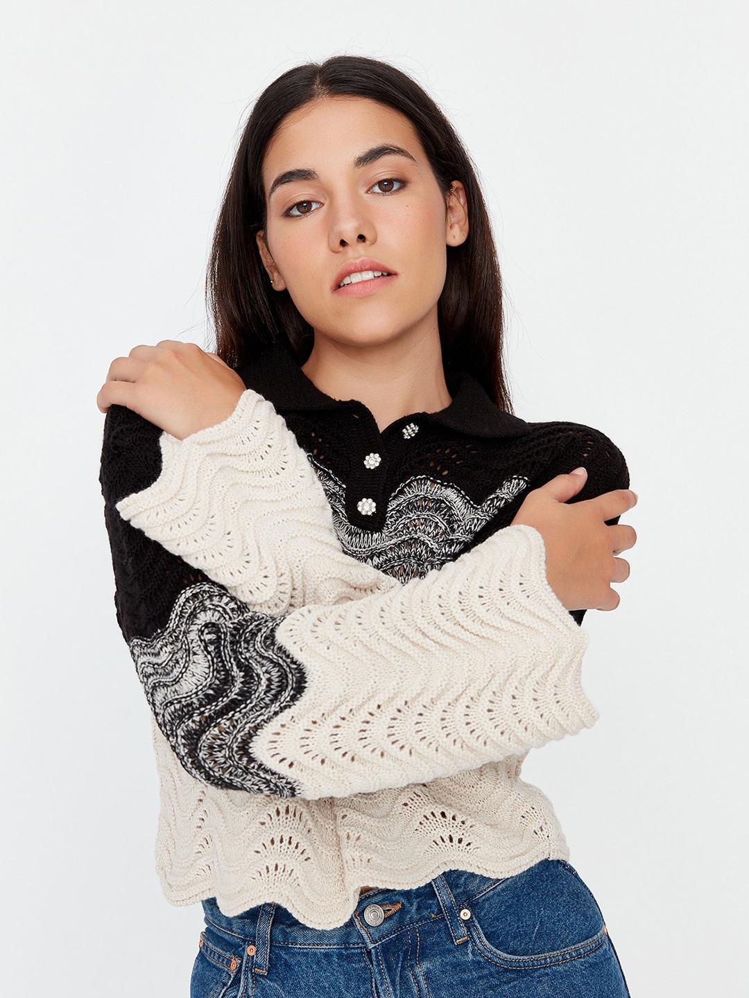 

Trendyol Cable knits Shirt Collar Sweater, White