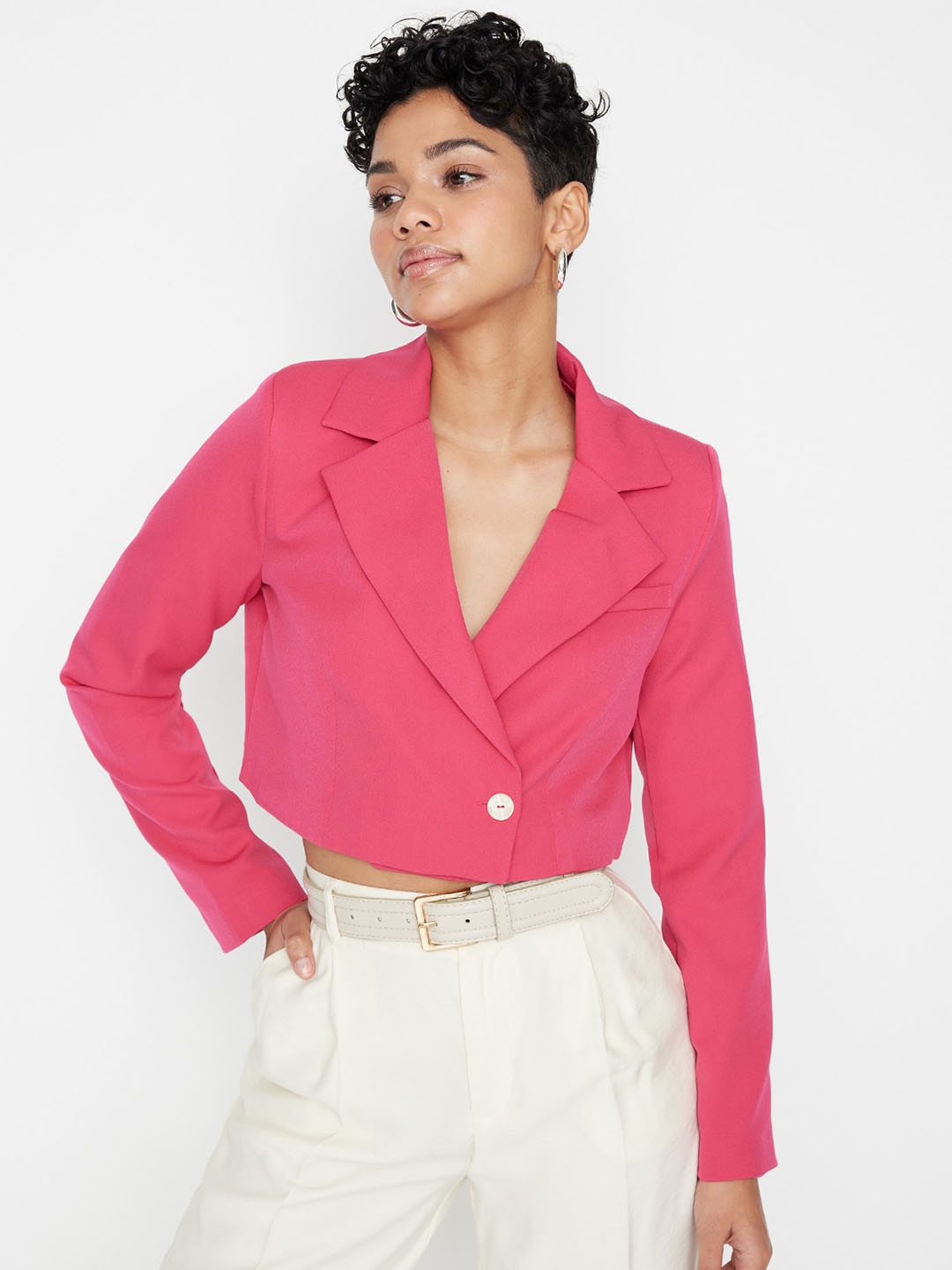 

Trendyol Double-Breasted Tailored-Fit Front-Open Crop Blazer, Fuchsia