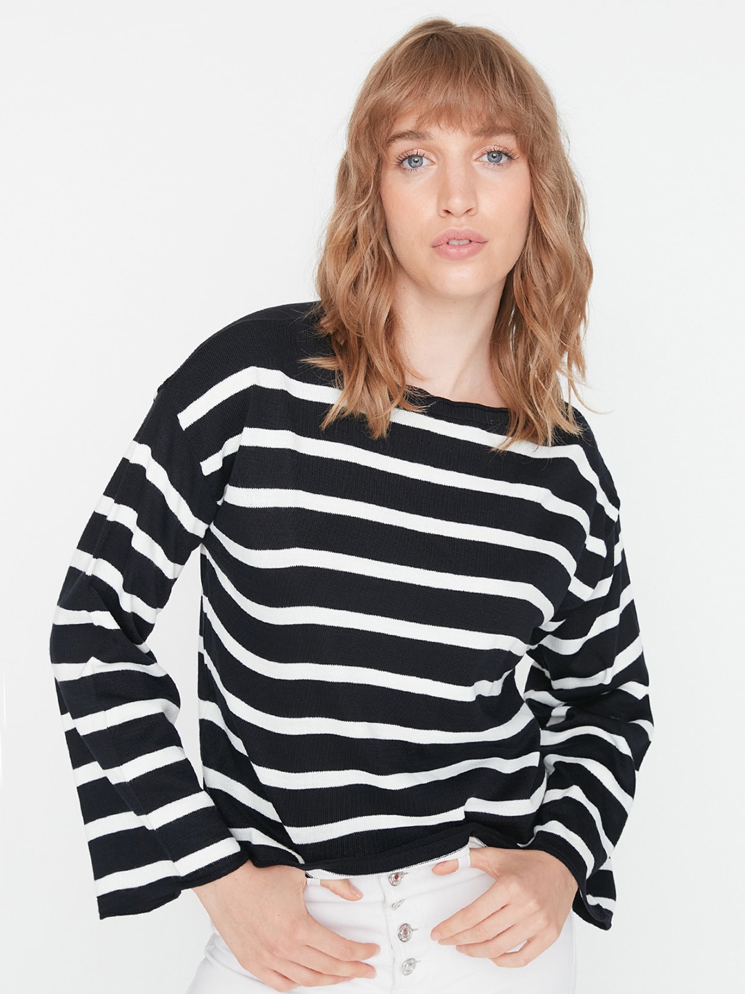 

Trendyol Horizontal Striped Bell Sleeves Boxy Top, Black