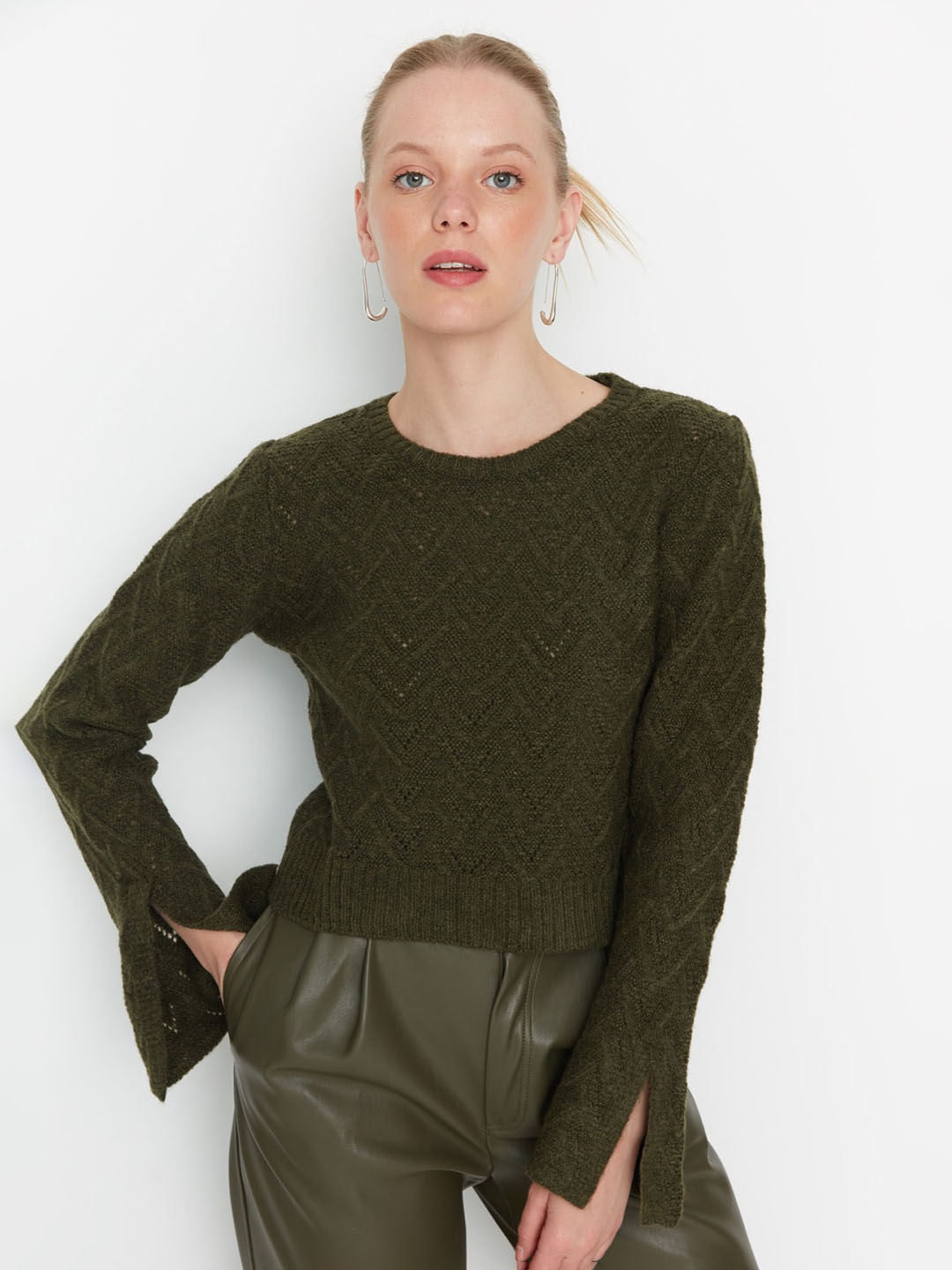 

Trendyol Cable Knits Round Neck Pullover Sweater, Olive