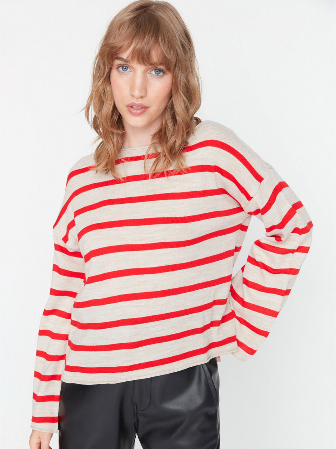 

Trendyol Striped Acrylic Boat Neck Long Sleeves T-shirt, Beige