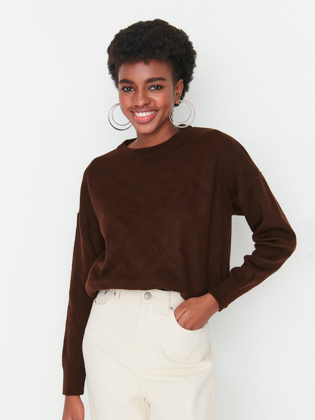 

Trendyol Self Design Acrylic Round Neck Sweatshirt, Brown