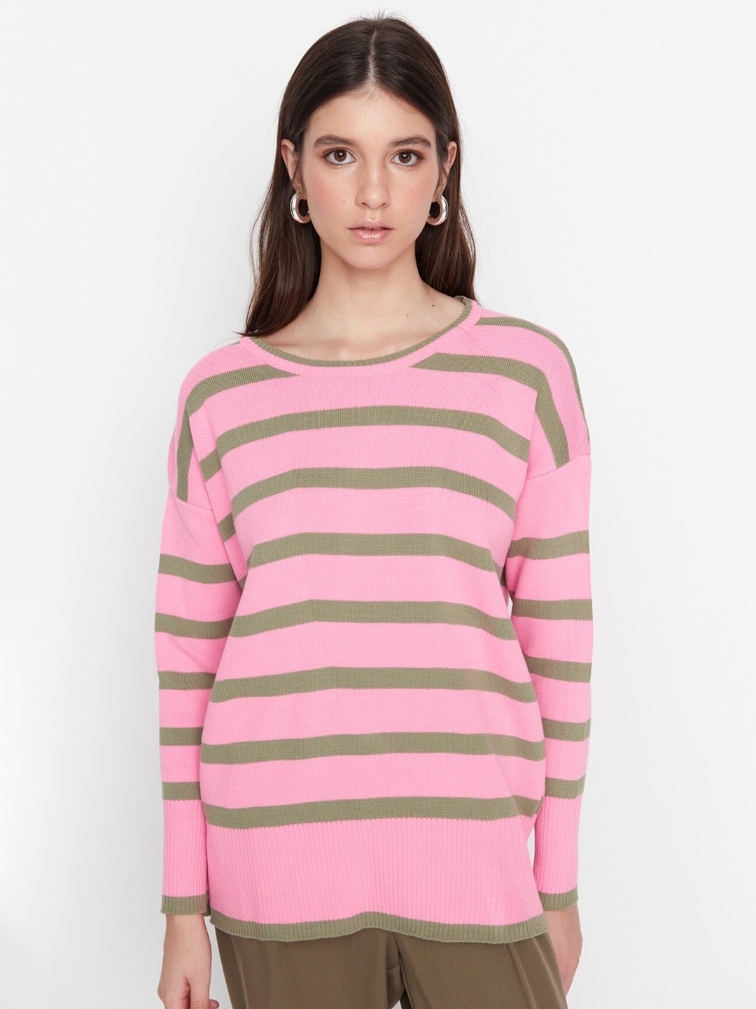 

Trendyol Striped Round Neck Acrylic Pullover, Pink
