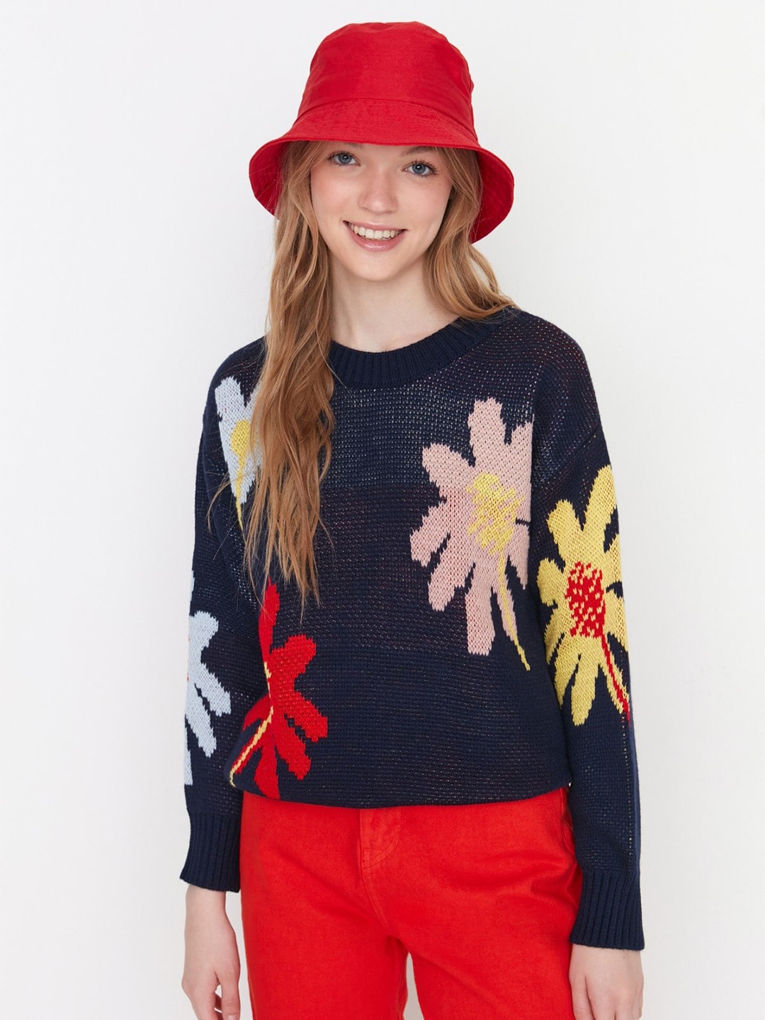 

Trendyol Floral Printed Cardigan Sweater, Navy blue