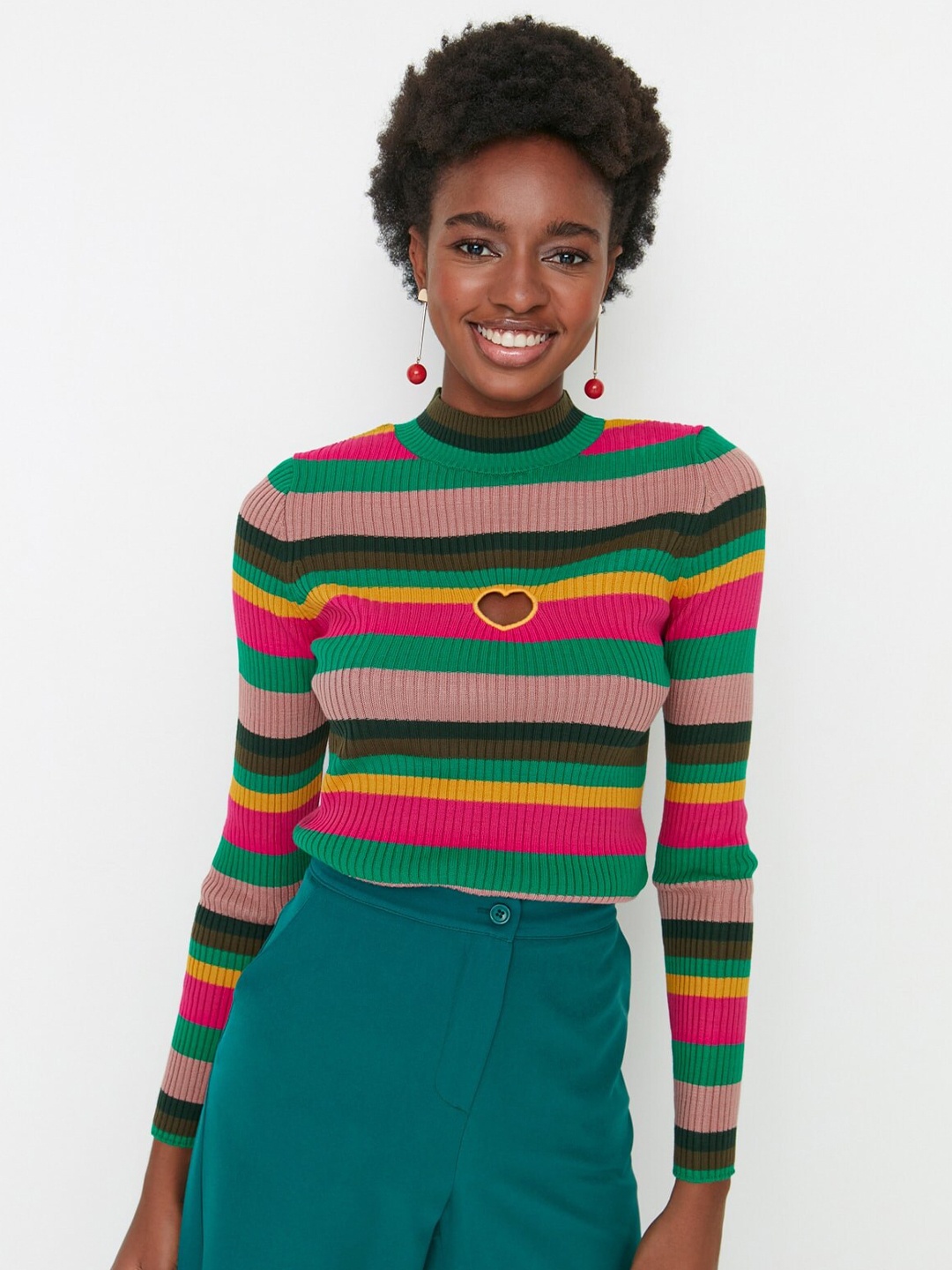

Trendyol Striped High Neck Long Sleeves Sweater, Green