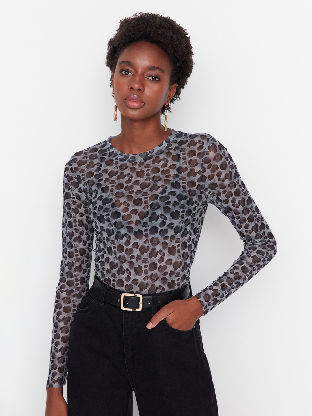 

Trendyol Animal Printed Fitted Top, Black