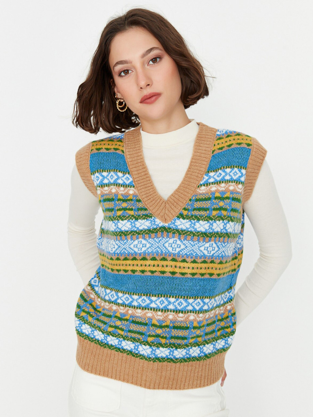 

Trendyol Geometric Striped Sweater Vest, Brown