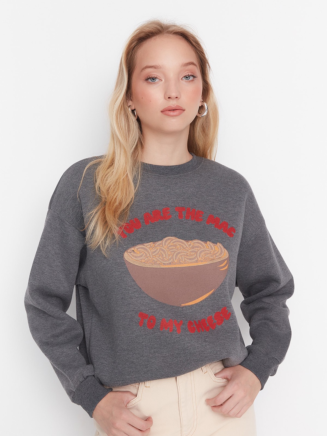 

Trendyol Typography Printed Cotton Top, Grey