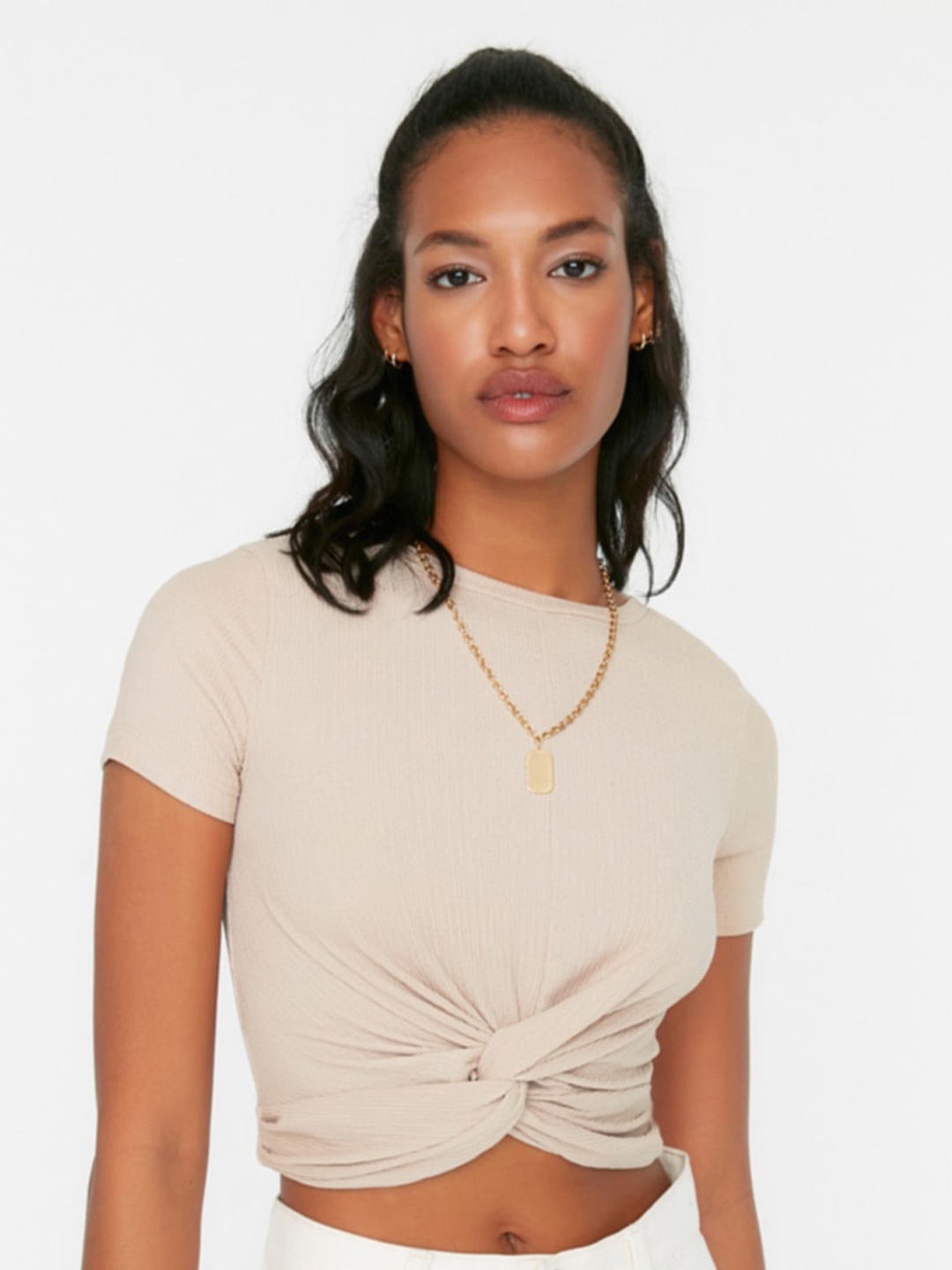 

Trendyol Round Neck Twisted Crop Top, Beige