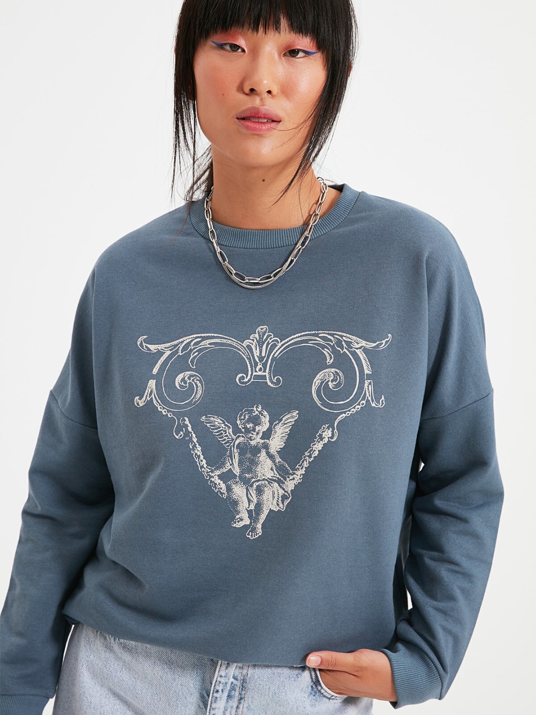 

Trendyol Graphic Printed Long Drop -Down Sleeves Sweatshirts, Blue