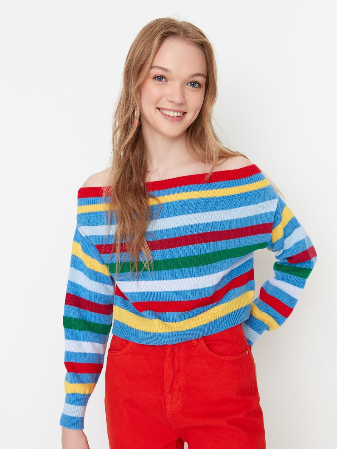 

Trendyol Off Shoulder Striped Acrylic Top, Blue