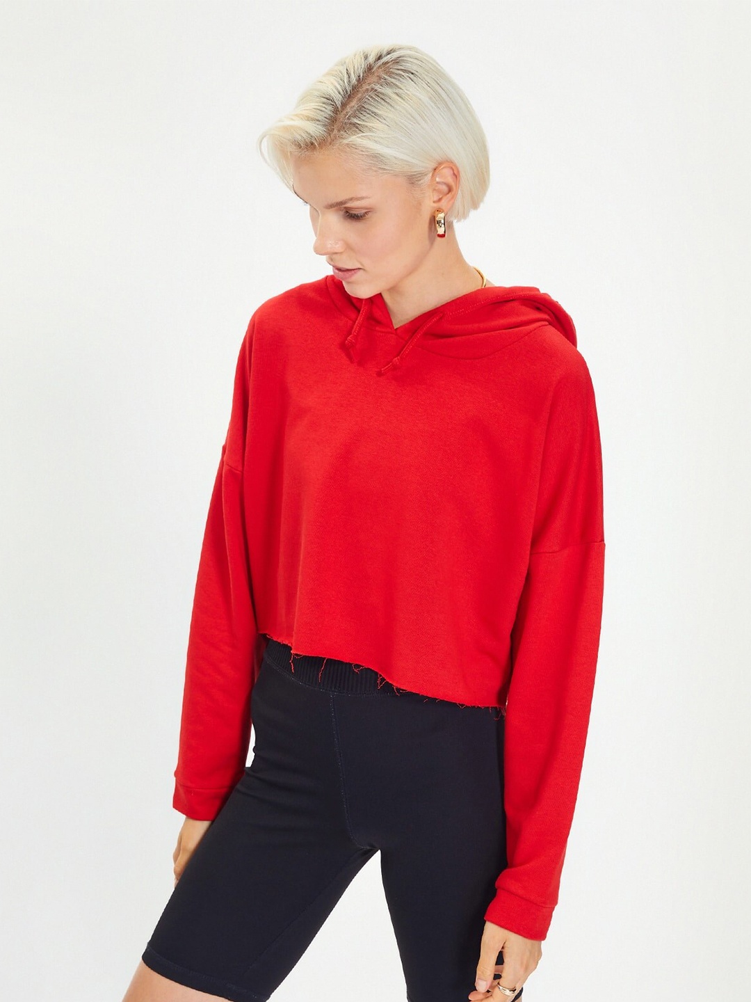 

Trendyol Hooded Raw Edge Long Sleeves Crop Sweatshirt, Red