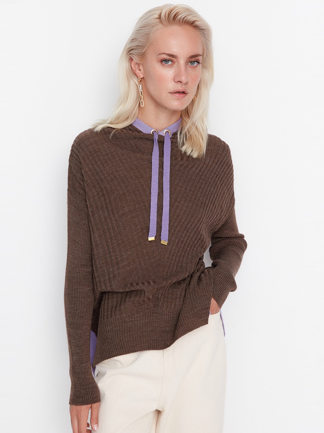 

Trendyol Striped Hooded Long Sleeves Sweater, Brown