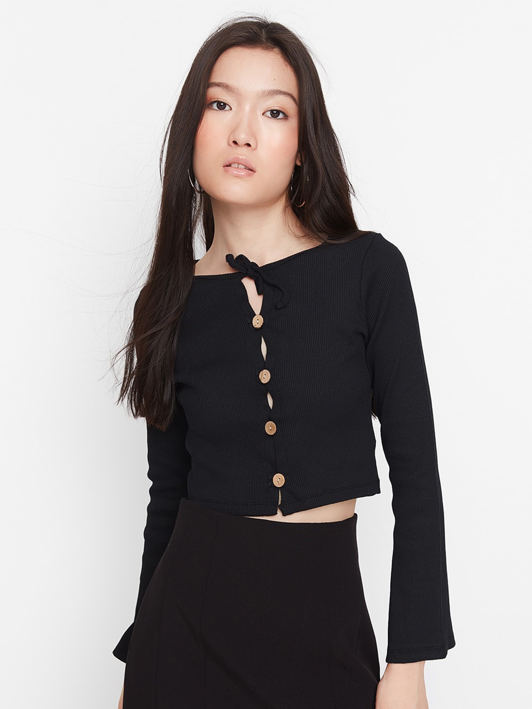 

Trendyol Cotton Shirt Style Crop Top, Black