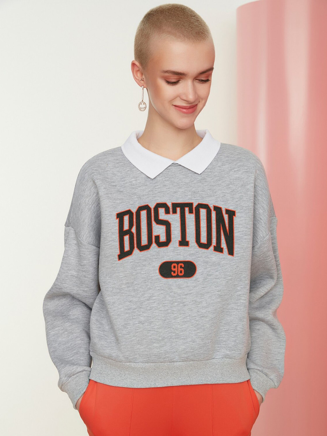 

Trendyol Typography Printed Shirt Collar Cotton Sweatshirt, Grey